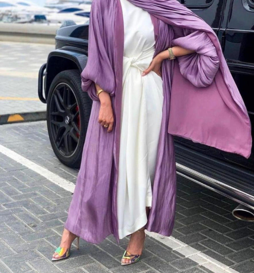 Shining Silklike Summer Abayas Cardigan Puff Sleeve