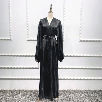 Shining Silklike Summer Abayas Cardigan Puff Sleeve