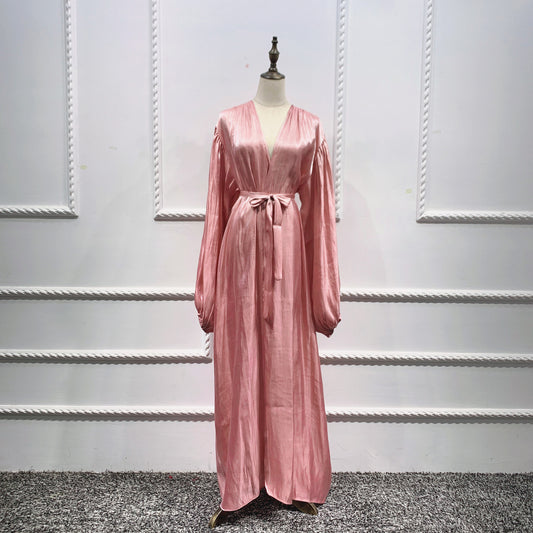 Shining Silklike Summer Abayas Cardigan Puff Sleeve