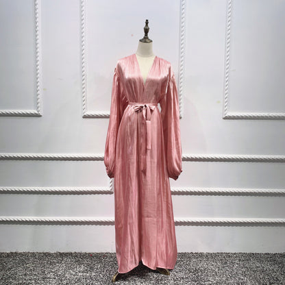 Shining Silklike Summer Abayas Cardigan Puff Sleeve