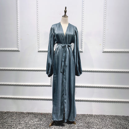 Shining Silklike Summer Abayas Cardigan Puff Sleeve