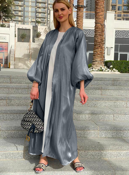 Shining Silklike Summer Abayas Cardigan Puff Sleeve