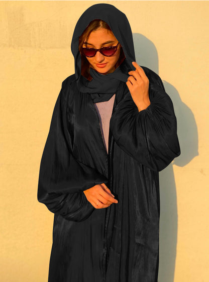 Shining Silklike Summer Abayas Cardigan Puff Sleeve