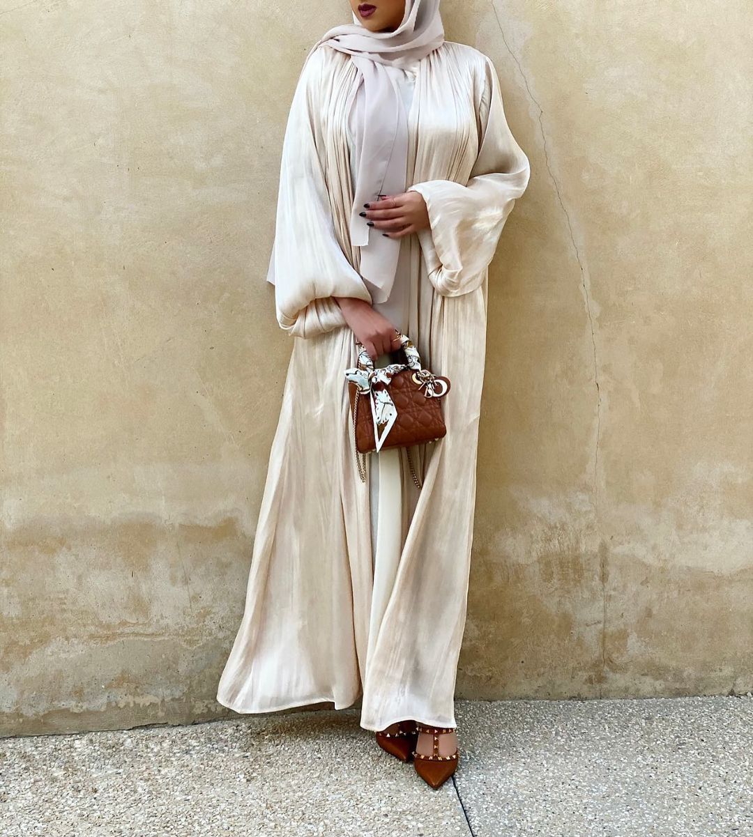 Shining Silklike Summer Abayas Cardigan Puff Sleeve