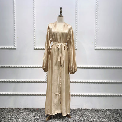 Shining Silklike Summer Abayas Cardigan Puff Sleeve