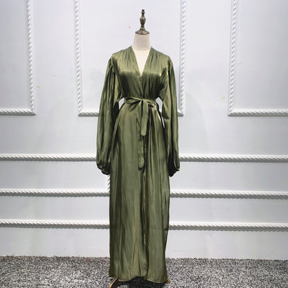 Shining Silklike Summer Abayas Cardigan Puff Sleeve