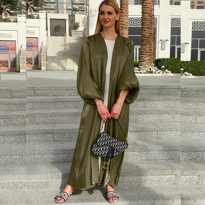 Shining Silklike Summer Abayas Cardigan Puff Sleeve
